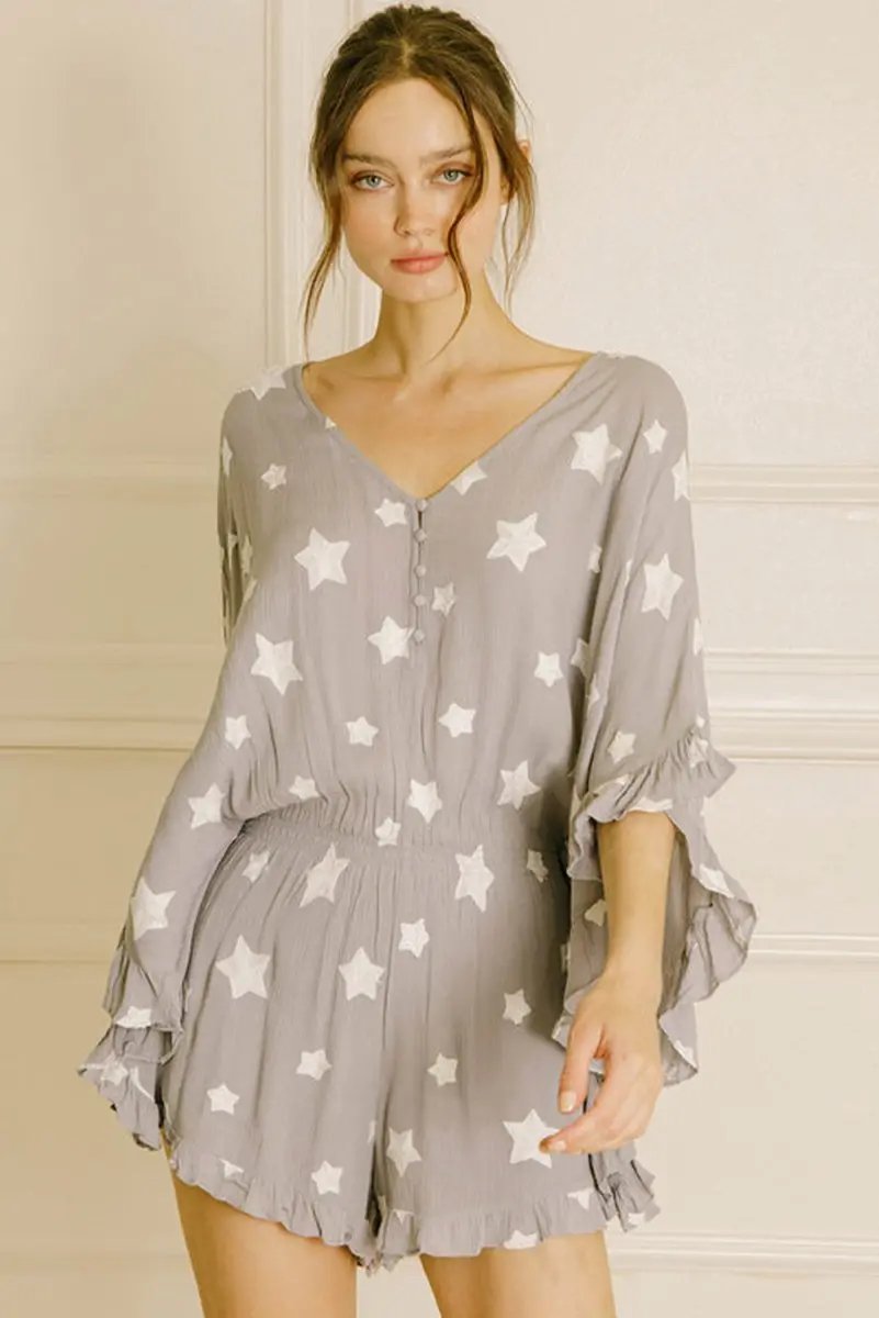 Love Salve Gray Star Romper Women's Daily Wear Kimono Ruffle Sleeve Casual