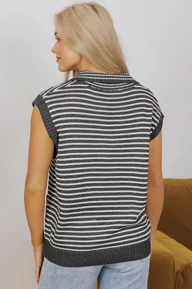 Love Salve Gray Stripe Women's Layering Vest Casual Sweater Vest with Pockets