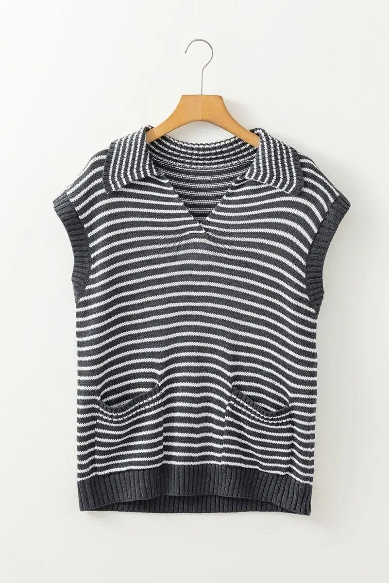 Love Salve Gray Stripe Women's Layering Vest Casual Sweater Vest with Pockets