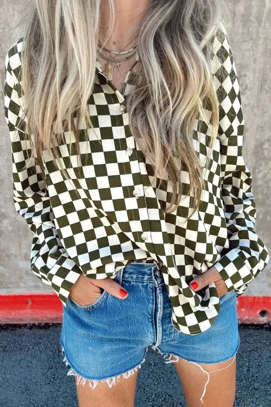 Love Salve Green Checkered Women's Casual Shirt Spring Style Loose Fit Top