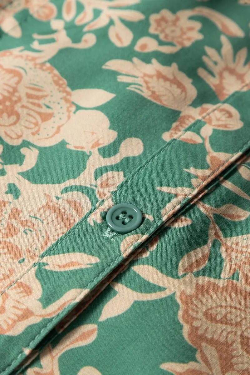 Love Salve Green Floral Blouse Women's Summer Top Pleated V-Neck Bohemian