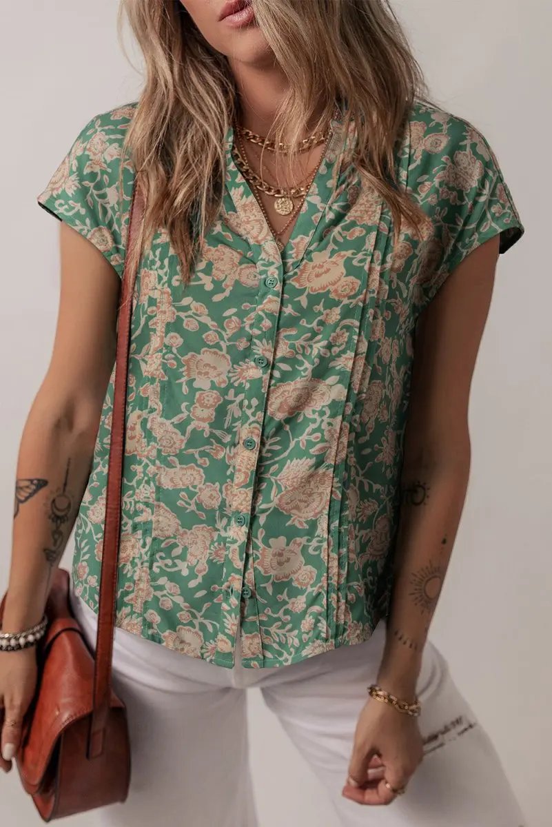 Love Salve Green Floral Blouse Women's Summer Top Pleated V-Neck Bohemian
