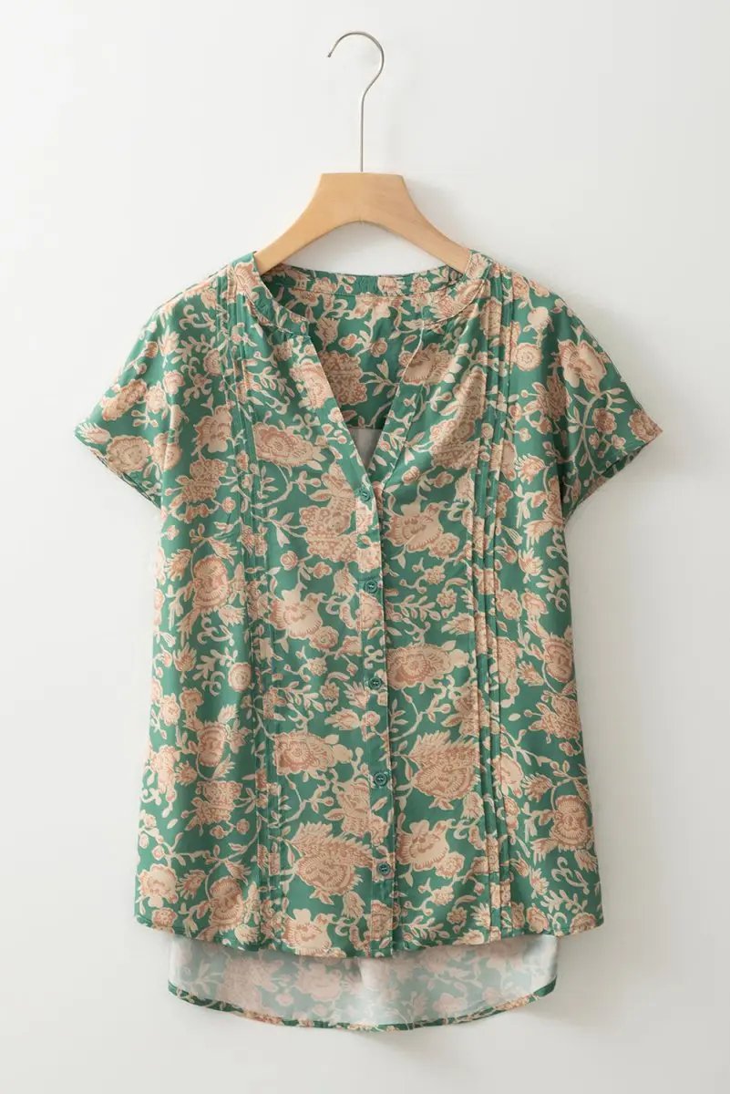 Love Salve Green Floral Blouse Women's Summer Top Pleated V-Neck Bohemian