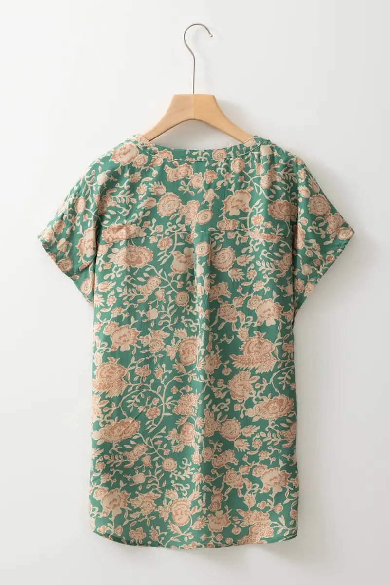 Love Salve Green Floral Blouse Women's Summer Top Pleated V-Neck Bohemian
