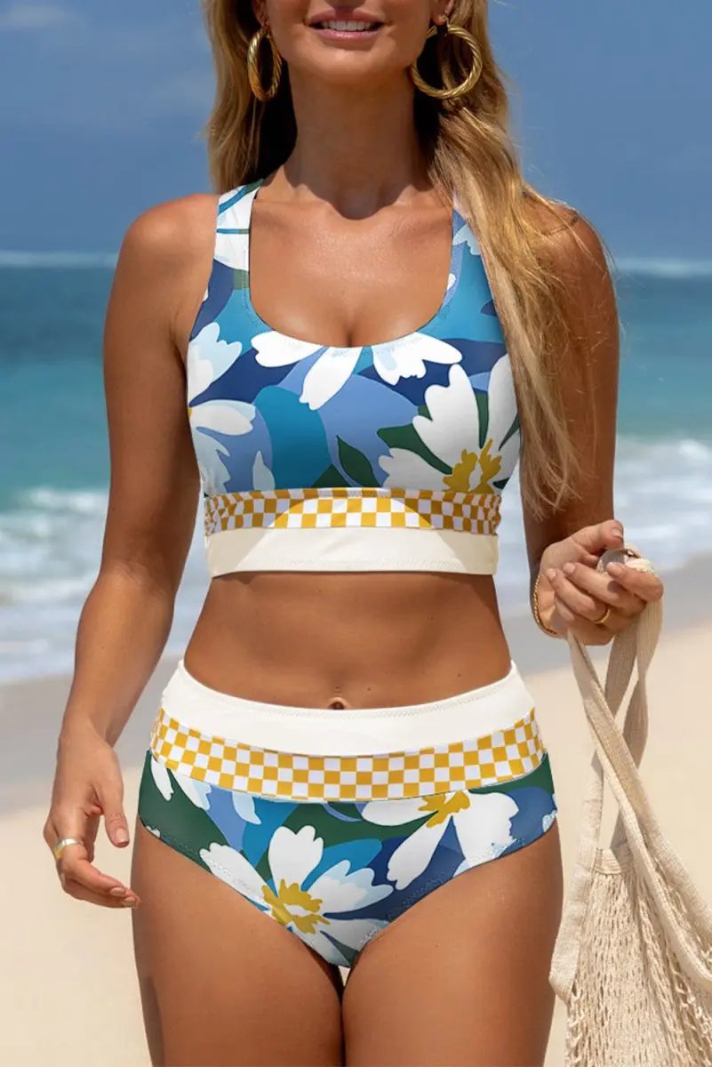 Love Salve Green Floral Bikini Women's Vacation Swimsuit Set - Cutout, High Waist