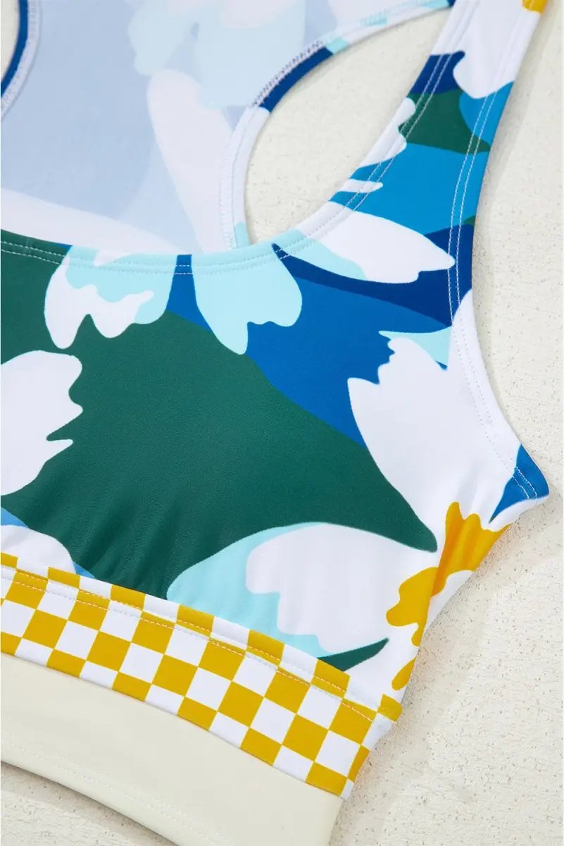 Love Salve Green Floral Bikini Women's Vacation Swimsuit Set - Cutout, High Waist