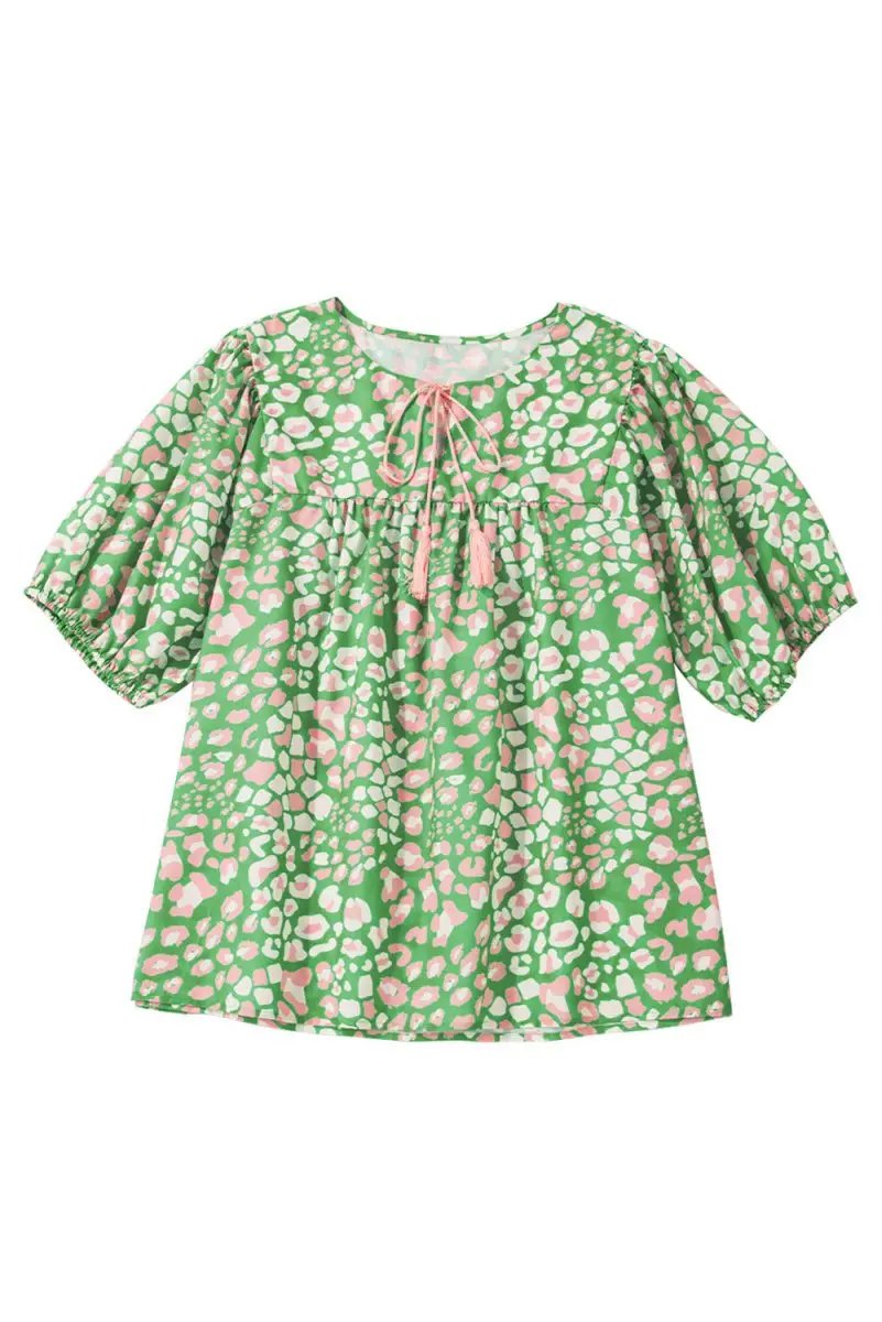 Love Salve Green Floral Blouse Women's Plus Size Summer Top: Tassel Tie & Puff Sleeves