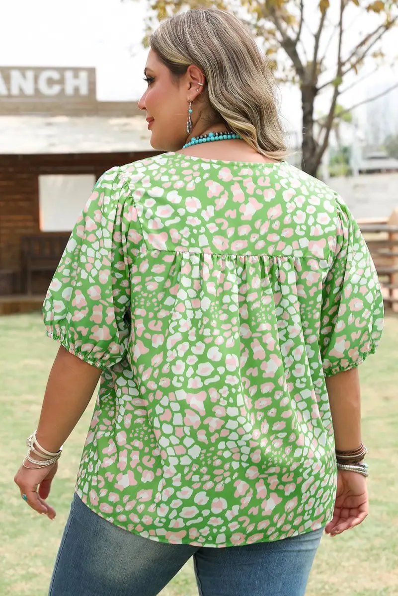 Love Salve Green Floral Blouse Women's Plus Size Summer Top: Tassel Tie & Puff Sleeves