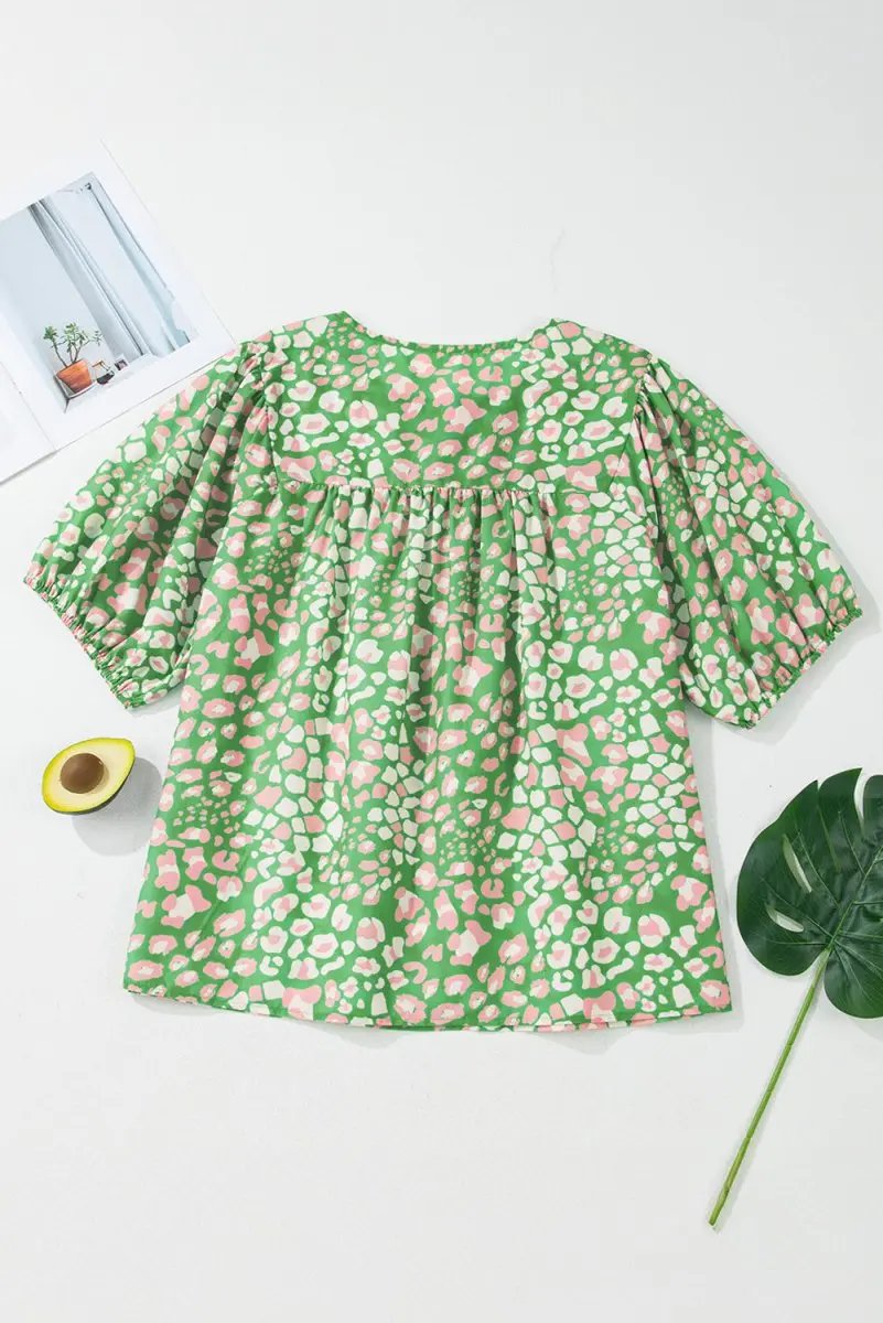 Love Salve Green Floral Blouse Women's Plus Size Summer Top: Tassel Tie & Puff Sleeves