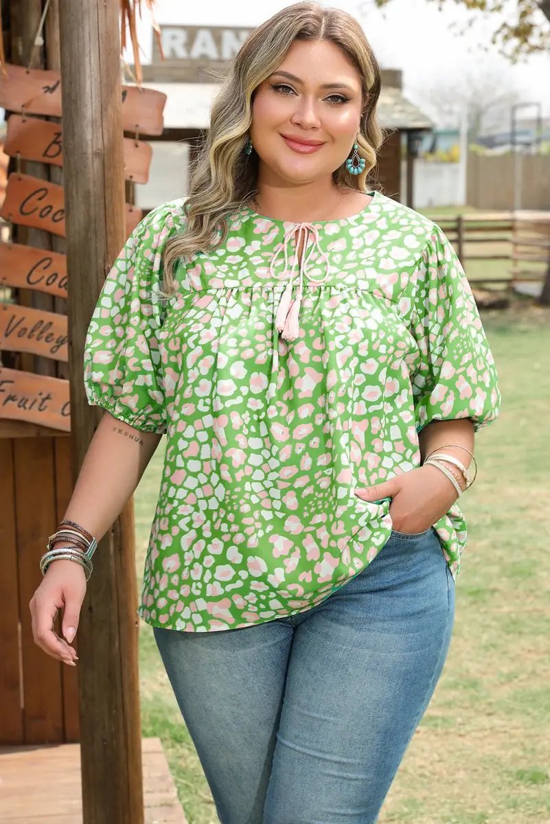 Love Salve Green Floral Blouse Women's Plus Size Summer Top: Tassel Tie & Puff Sleeves