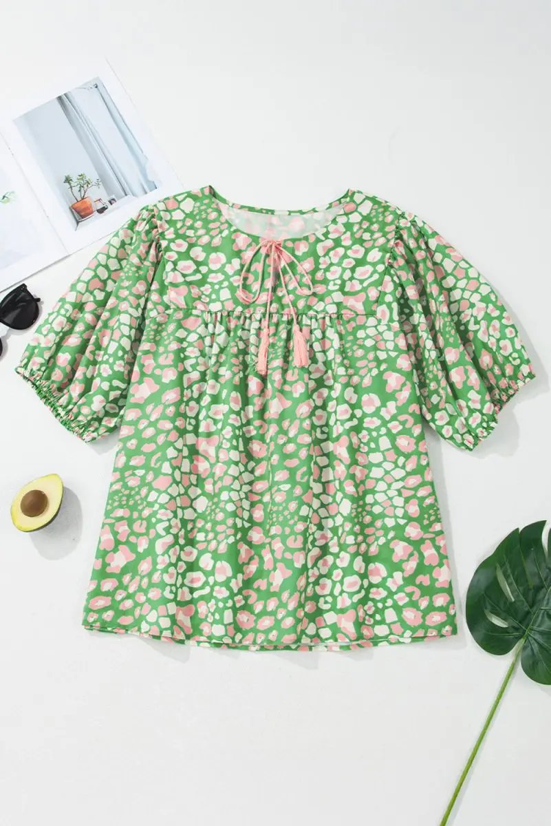 Love Salve Green Floral Blouse Women's Plus Size Summer Top: Tassel Tie & Puff Sleeves