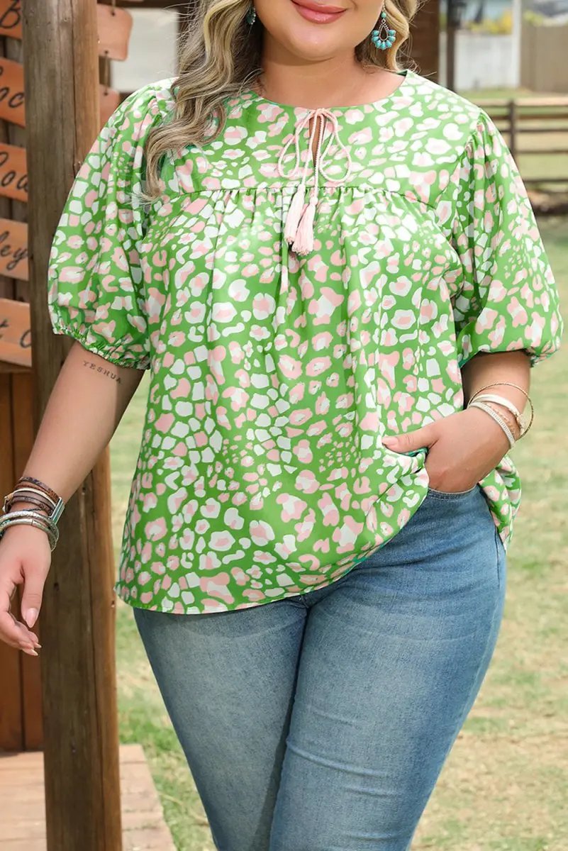 Love Salve Green Floral Blouse Women's Plus Size Summer Top: Tassel Tie & Puff Sleeves
