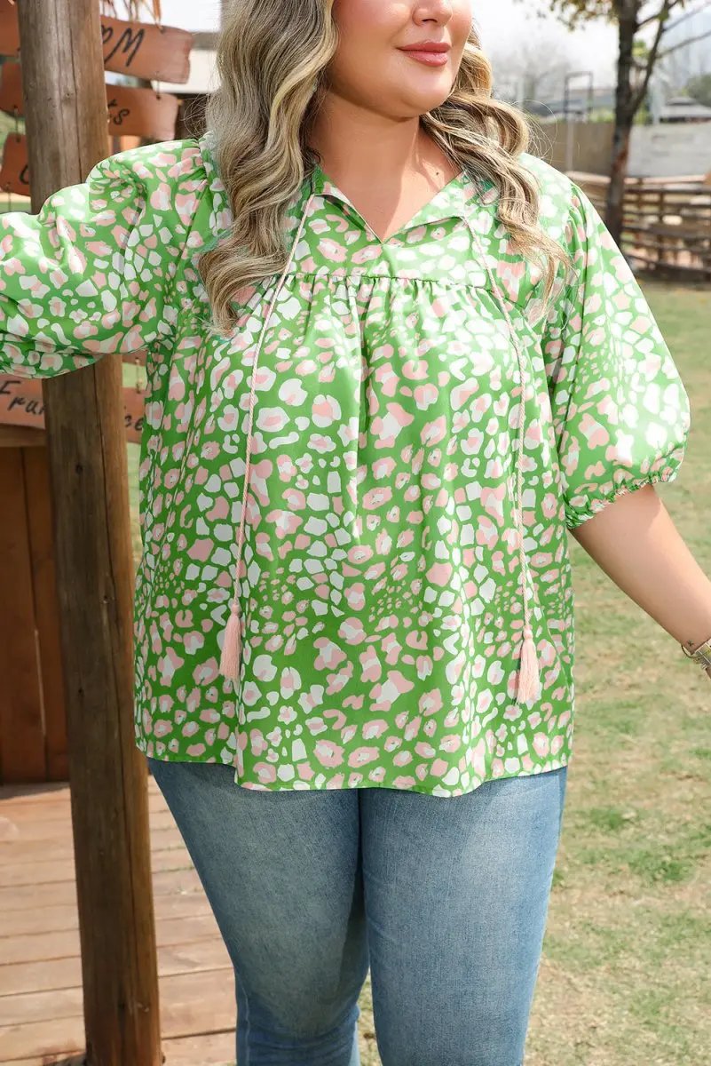 Love Salve Green Floral Blouse Women's Plus Size Summer Top: Tassel Tie & Puff Sleeves