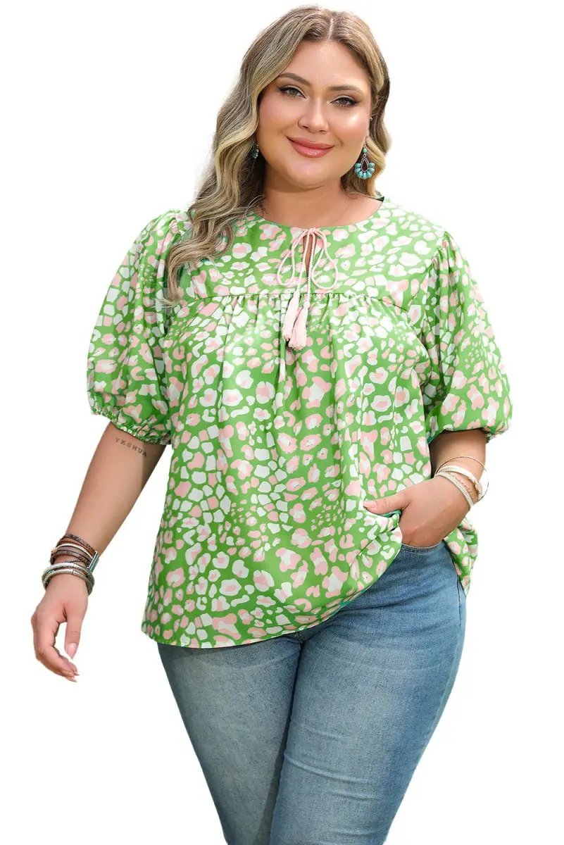 Love Salve Green Floral Blouse Women's Plus Size Summer Top: Tassel Tie & Puff Sleeves
