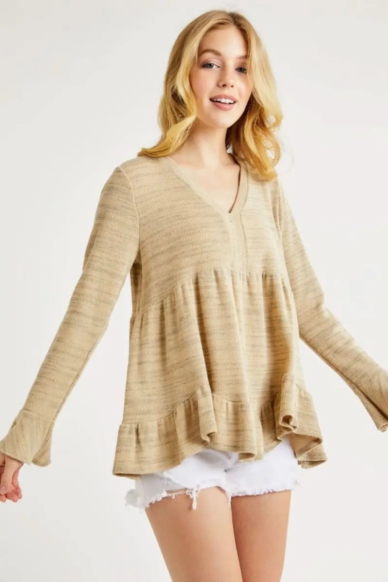 Trendsi Hailey & Co V-Neck Knit Top Women's Flounce Sleeve Comfy Tee