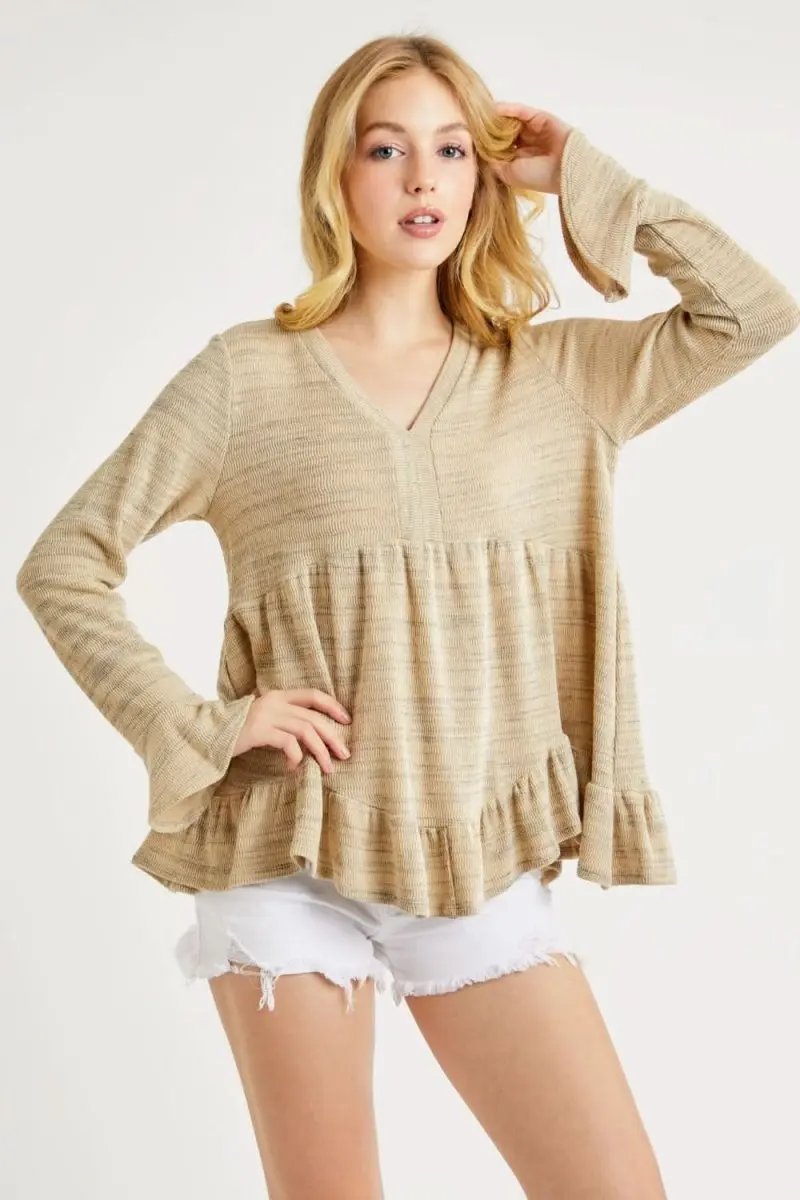 Trendsi Hailey & Co V-Neck Knit Top Women's Flounce Sleeve Comfy Tee