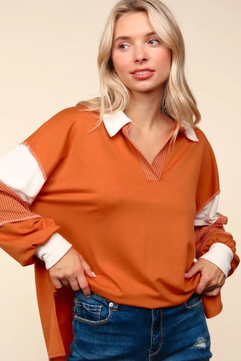 Trendsi Color Block Top Women's Casual Long Sleeve Shirt USA Shipped!