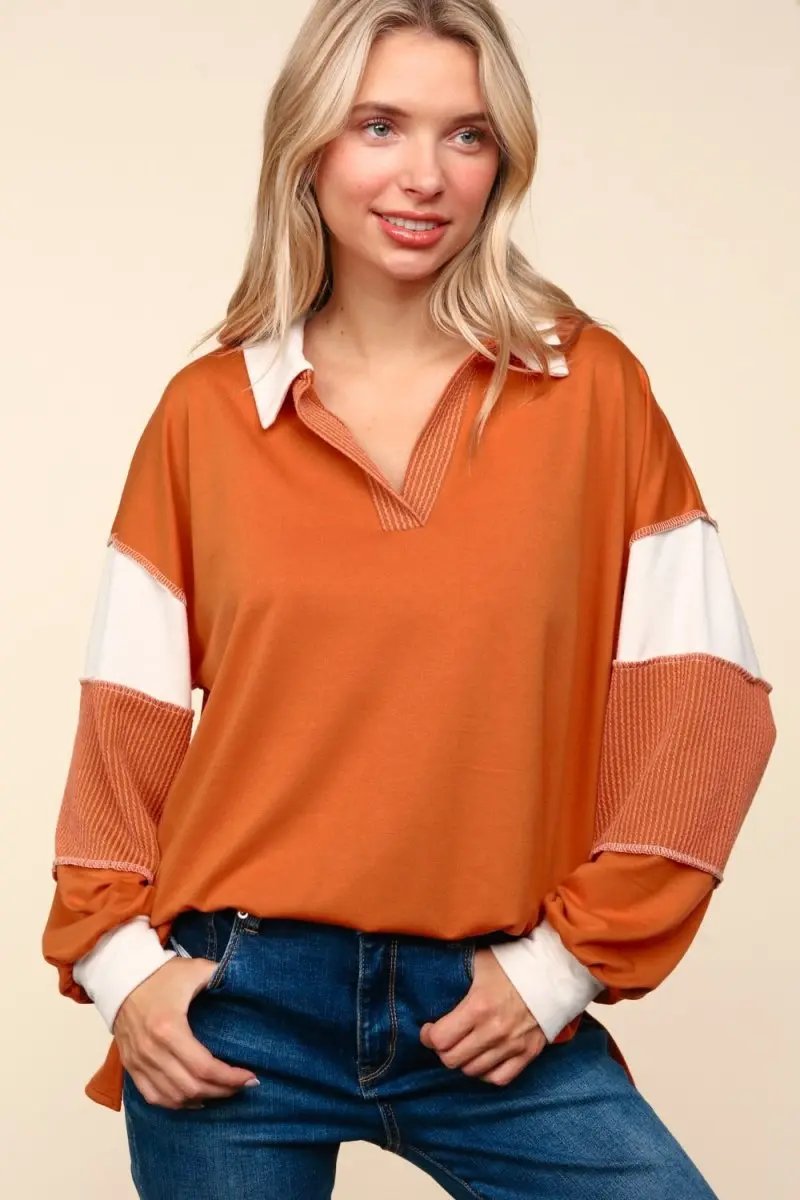 Trendsi Color Block Top Women's Casual Long Sleeve Shirt USA Shipped!