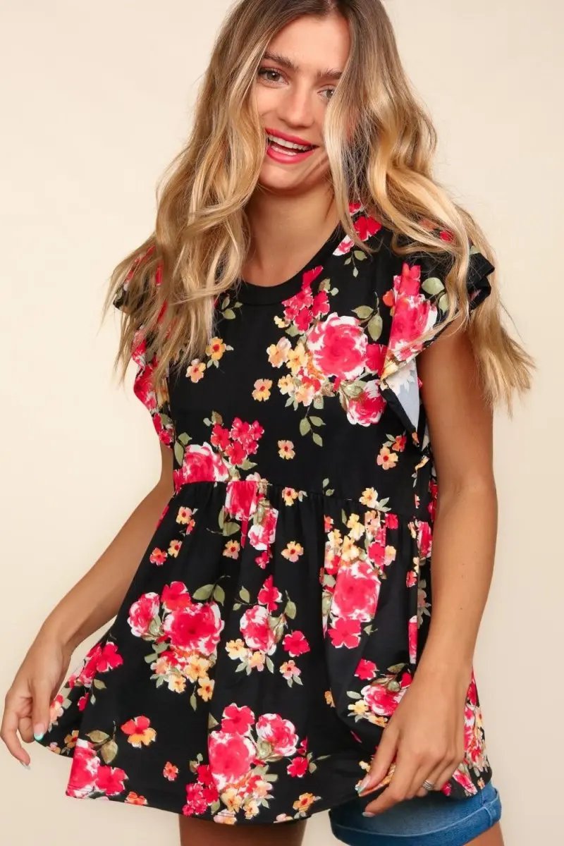 Trendsi Floral Ruffle Top Women's Casual Babydoll Shirt - Cute & Comfy