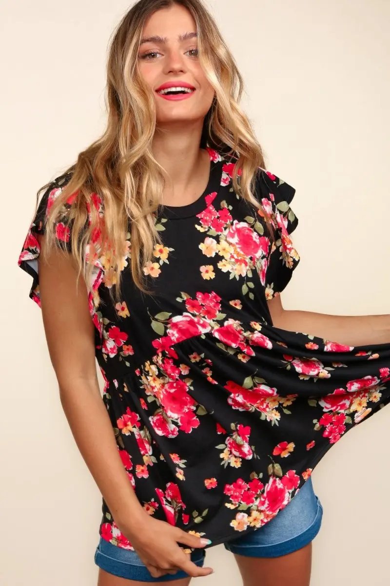 Trendsi Floral Ruffle Top Women's Casual Babydoll Shirt - Cute & Comfy