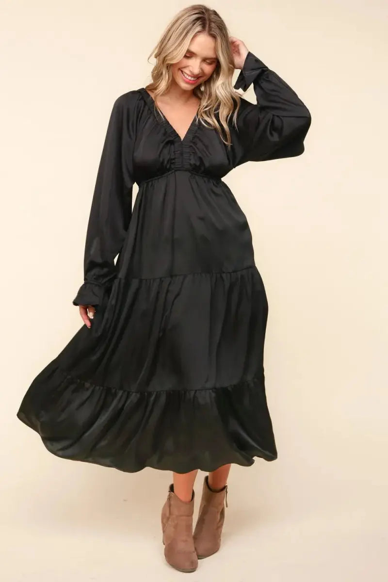 Dress - Flounce Sleeve Tiered with Pockets - Casual Midi