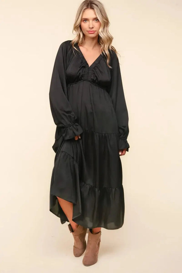 Dress - Flounce Sleeve Tiered with Pockets - Casual Midi