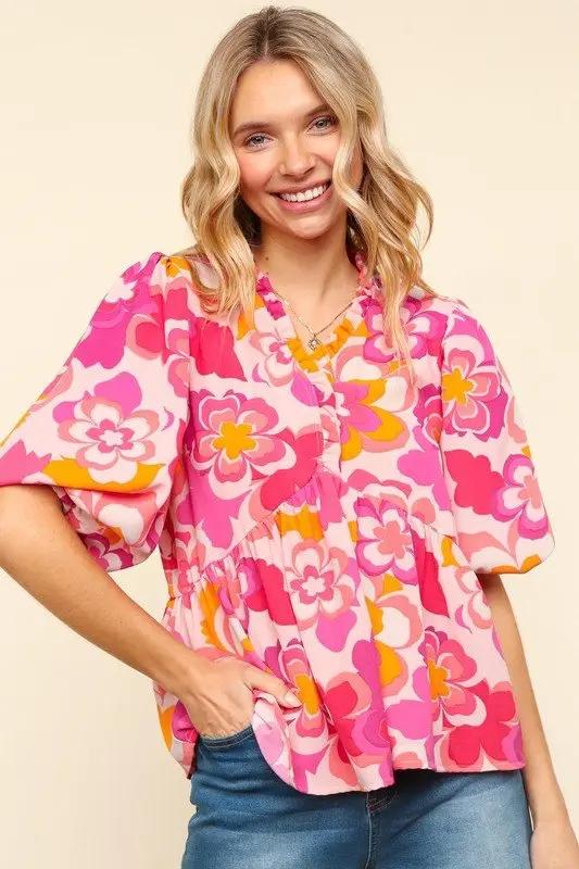 Trendsi Floral Puff Sleeve Blouse Women's Casual Top - Haptics Shirt, Frill Detail