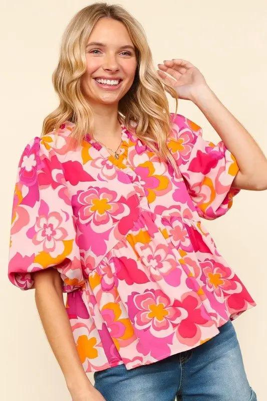 Trendsi Floral Puff Sleeve Blouse Women's Casual Top - Haptics Shirt, Frill Detail