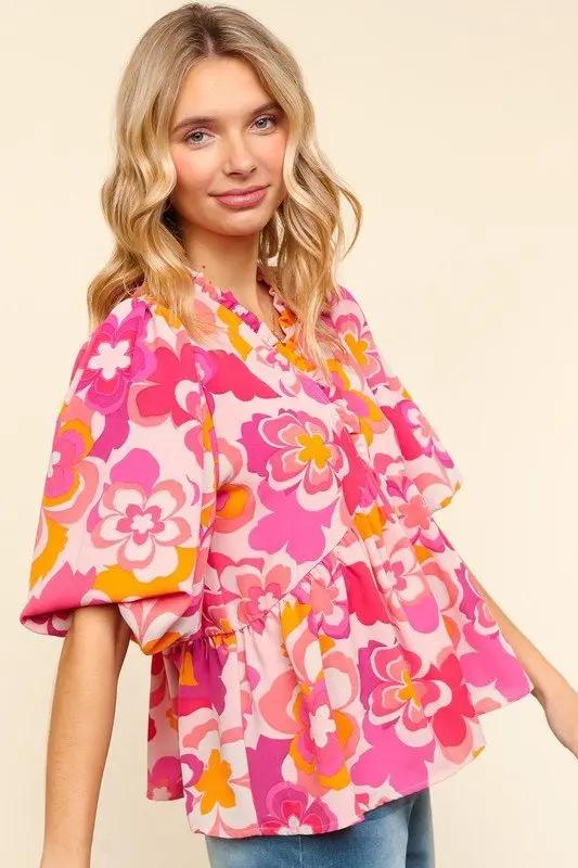 Trendsi Floral Puff Sleeve Blouse Women's Casual Top - Haptics Shirt, Frill Detail