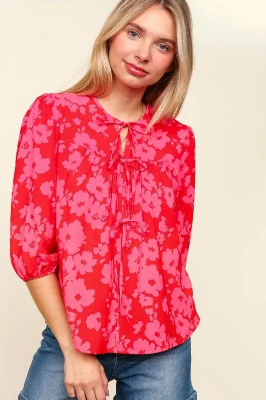 Trendsi Ribbon Bow Blouse Women's Floral Balloon Sleeve Top USA Shipped