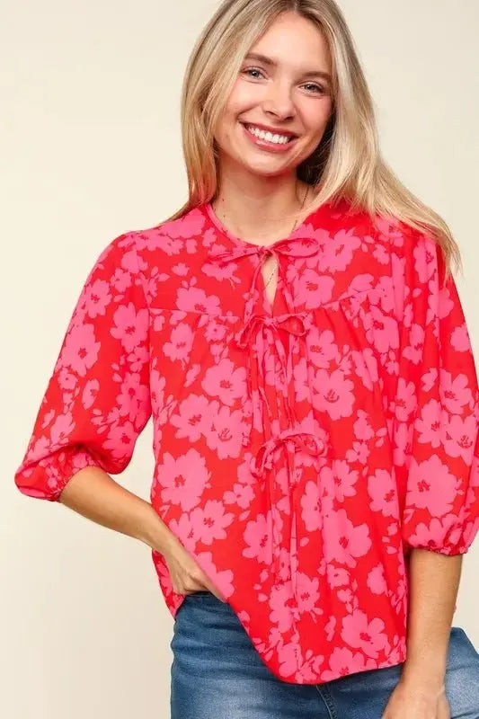 Trendsi Ribbon Bow Blouse Women's Floral Balloon Sleeve Top USA Shipped