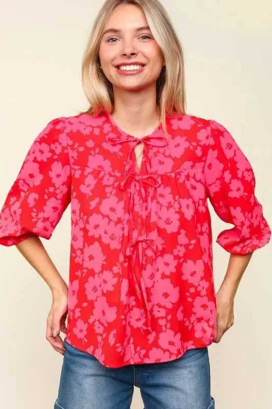 Trendsi Ribbon Bow Blouse Women's Floral Balloon Sleeve Top USA Shipped