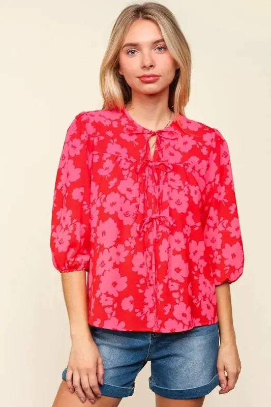 Trendsi Ribbon Bow Blouse Women's Floral Balloon Sleeve Top USA Shipped
