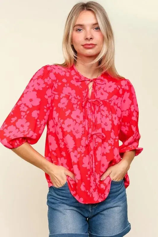 Trendsi Ribbon Bow Blouse Women's Floral Balloon Sleeve Top USA Shipped