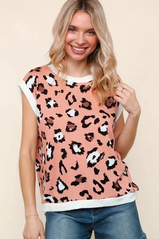 Trendsi Leopard Print Knit Top Women's Casual Dolman Sleeve T-Shirt USA Shipped