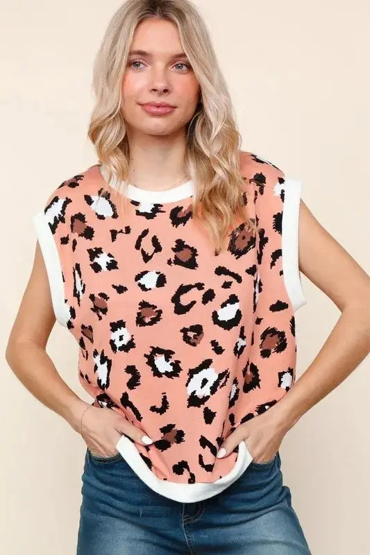 Trendsi Leopard Print Knit Top Women's Casual Dolman Sleeve T-Shirt USA Shipped
