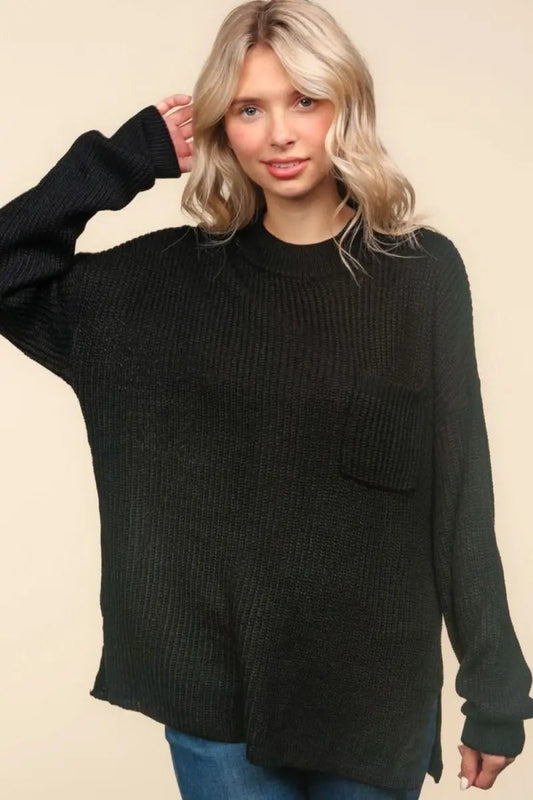 Knit Top - Mock Neck Side Slit - Casual Stylish