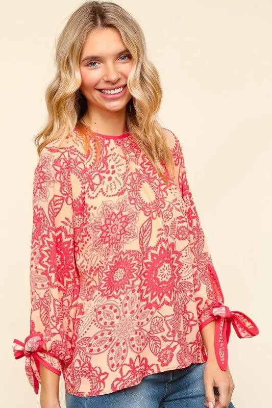 Trendsi Floral Blouse Women's Casual Top Round Neck Ribbon Bow Detail Chic Shirt