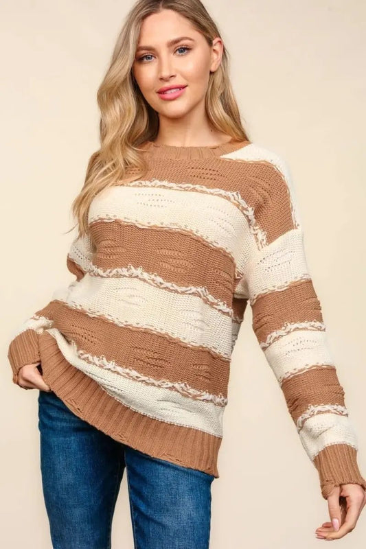 Trendsi Striped Sweater Women's Casual Knit Top Distressed Detail USA Ship