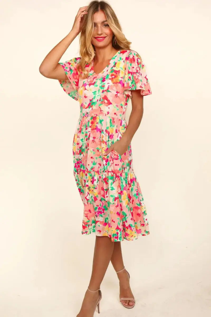 Trendsi Floral Midi Dress Women's Casual Pockets Tiered Dress