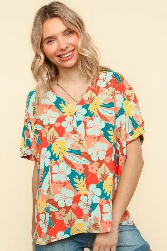 Trendsi Haptics V-Neck Top Women's Summer Hawaiian Shirt Lightweight Woven