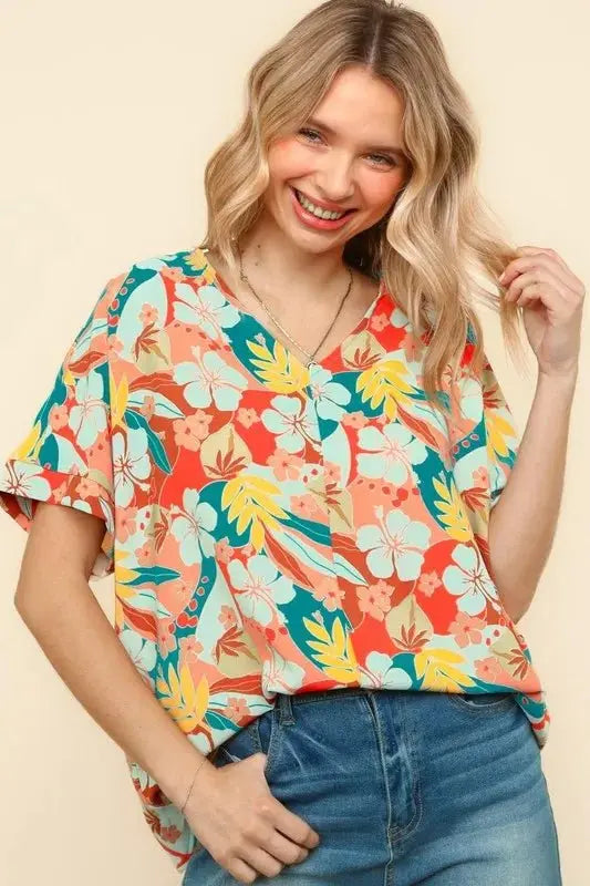Trendsi Haptics V-Neck Top Women's Summer Hawaiian Shirt Lightweight Woven