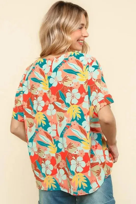 Trendsi Haptics V-Neck Top Women's Summer Hawaiian Shirt Lightweight Woven