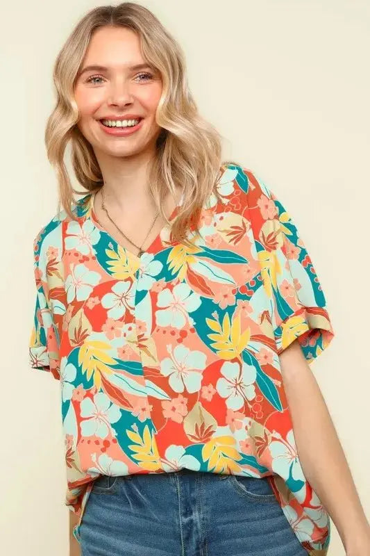 Trendsi Haptics V-Neck Top Women's Summer Hawaiian Shirt Lightweight Woven