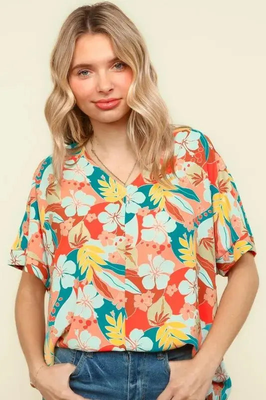 Trendsi Haptics V-Neck Top Women's Summer Hawaiian Shirt Lightweight Woven