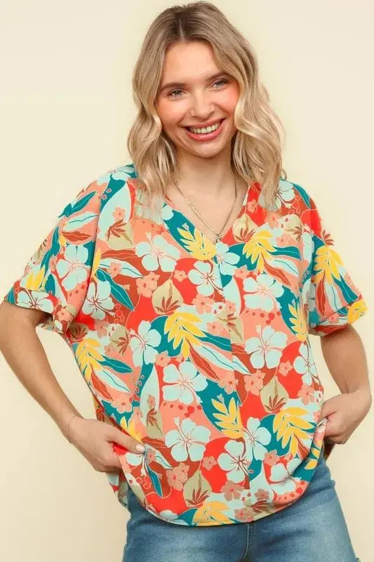 Trendsi Haptics V-Neck Top Women's Summer Hawaiian Shirt Lightweight Woven