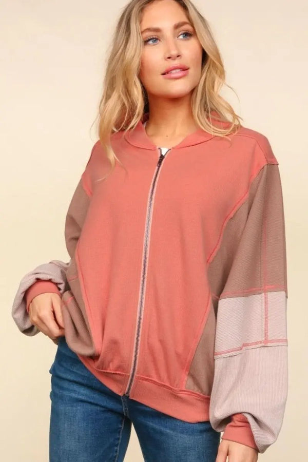 Bomber Jacket - Color Block & Side Pockets - Women's Outerwear