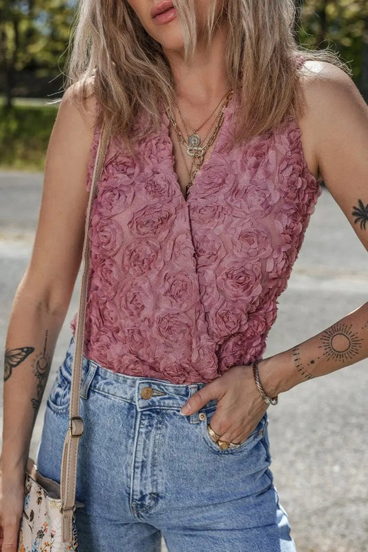 Love Salve Purple Floral Bodysuit Women's Summer Top Sheer & Textured