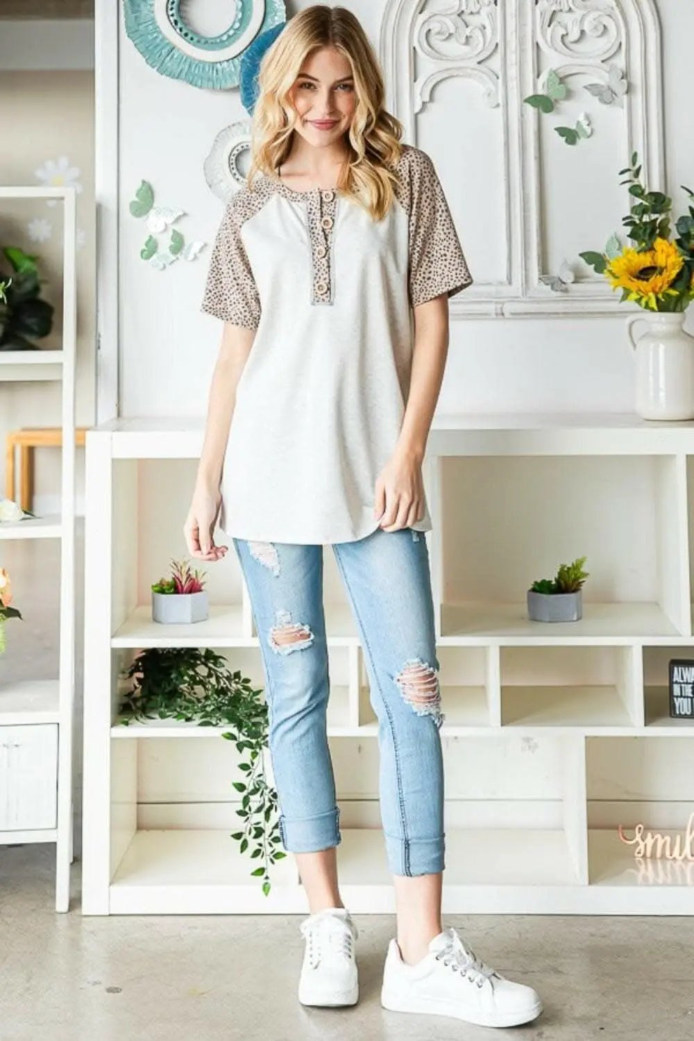 Trendsi usa - Untamed Elegance: Heimish Animal Print Half-Button Top