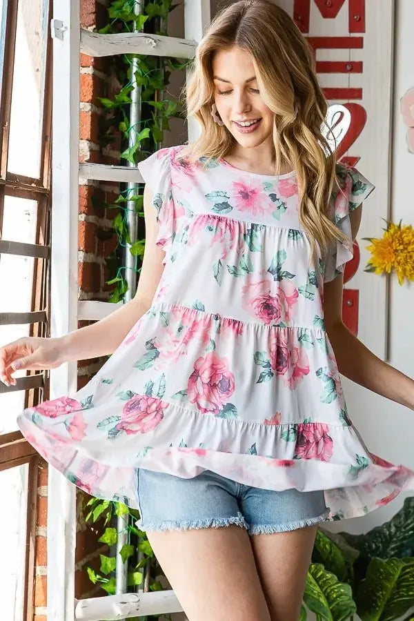 Trendsi Floral Butterfly Top Women's Plus Size Casual Tee Short Sleeve Soft